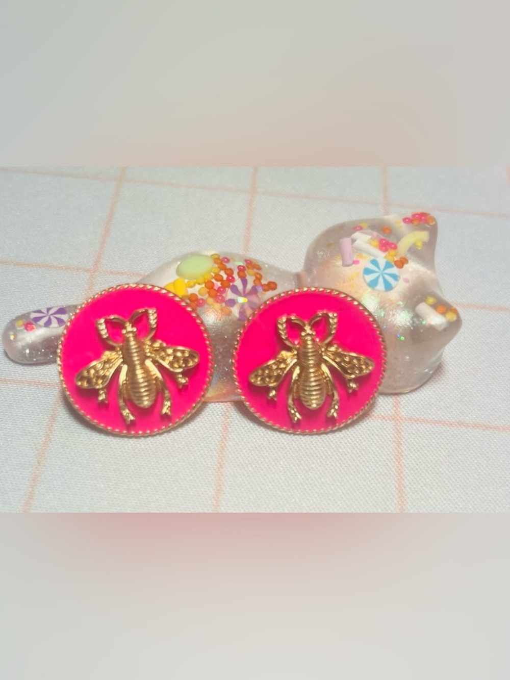Gold Bee Dark Pink Enamel Button Earrings